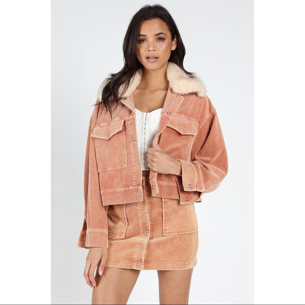 Pink Corduroy Fur Collar Jacket